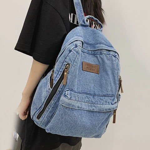 Denim Backpack With Letter Patch