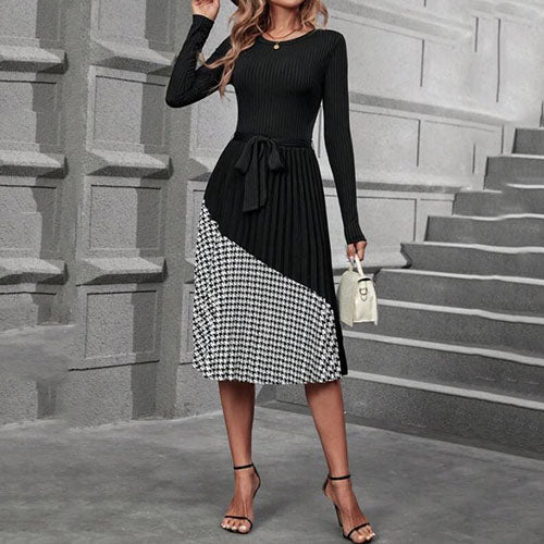 Houndstooth Belted Pleated Dress