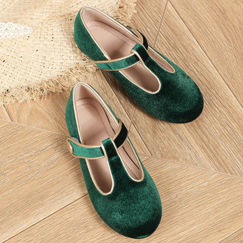 Girls Green Velvet Flat Shoes