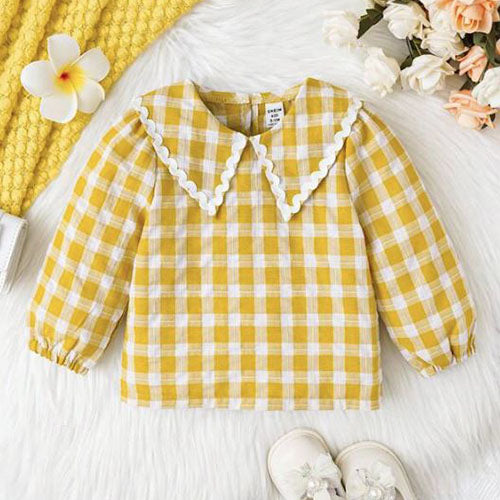 Checked Fabric Collar Puff Sleeve Top