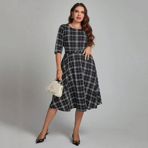 Plus Buckle Belted Plaid Dress