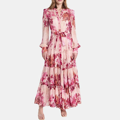 Pink Floral Tiered Dress