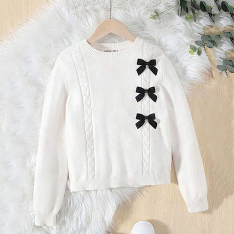 Tween Girl Bow Cable Knit Sweater