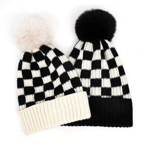 Checkered Pom Pom Hat