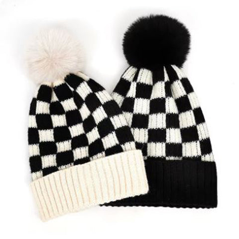 Checkered Pom Pom Hat