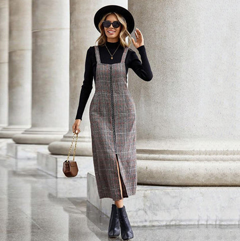 Plaid Zip Up Overall Dress