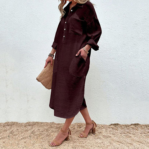 Button Front Pocket Patched Shirt Dress