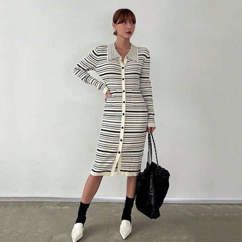 Striped Button Front Sweater Dress