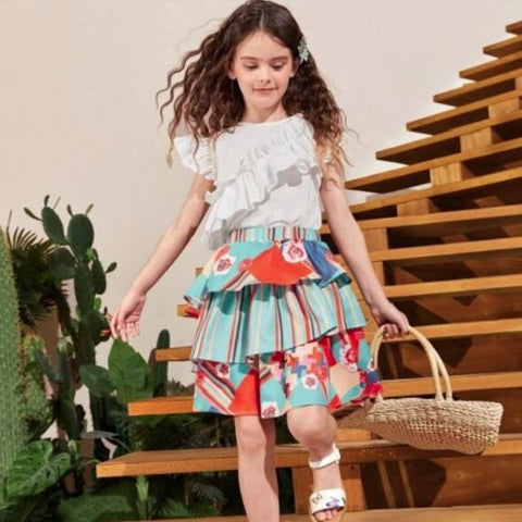 Girls Striped and Floral Layered Skirt