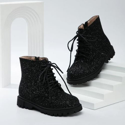 Girls Glitter Lace Up Combat Boots