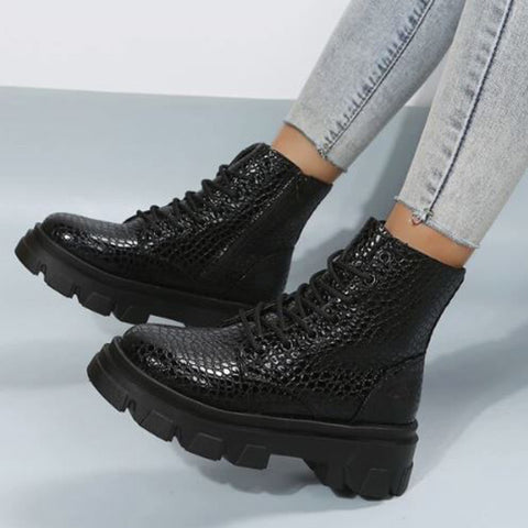 Crocodile Embossed Lace-up Combat Boots
