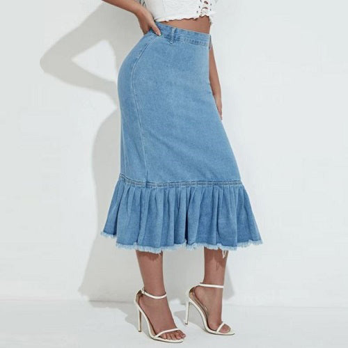 Ruffle Raw Hem Denim Skirt