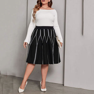 Plus Striped Pattern Pleated Knit Skirt