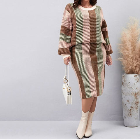 Plus Stripe Pattern Sweater & Knit Skirt