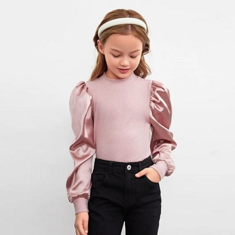 Girls Puff Sleeve Ribbed Top