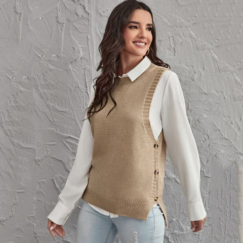 Button Side Slit Hem Sweater Vest