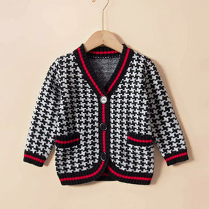 Toddler Girls Houndstooth Striped Trim Cardigan