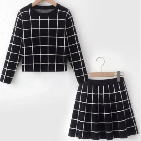 Girls Grid Pattern Sweater & Knit Skirt