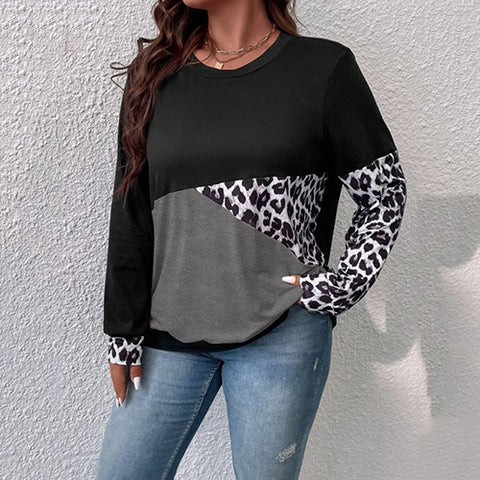 Plus Leopard Print Colorblock Sweatshirt