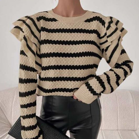 Striped Pattern Ruffle Trim Sweater