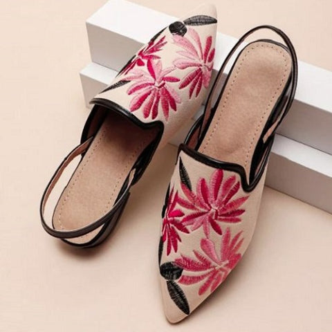 Floral Embroidered Slingback Flats